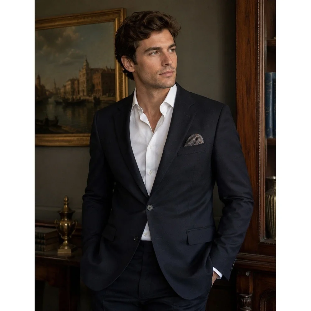 Andrew Fezza Men's Navy Blazer 44L Paisley Lined Two Button Sport Coat